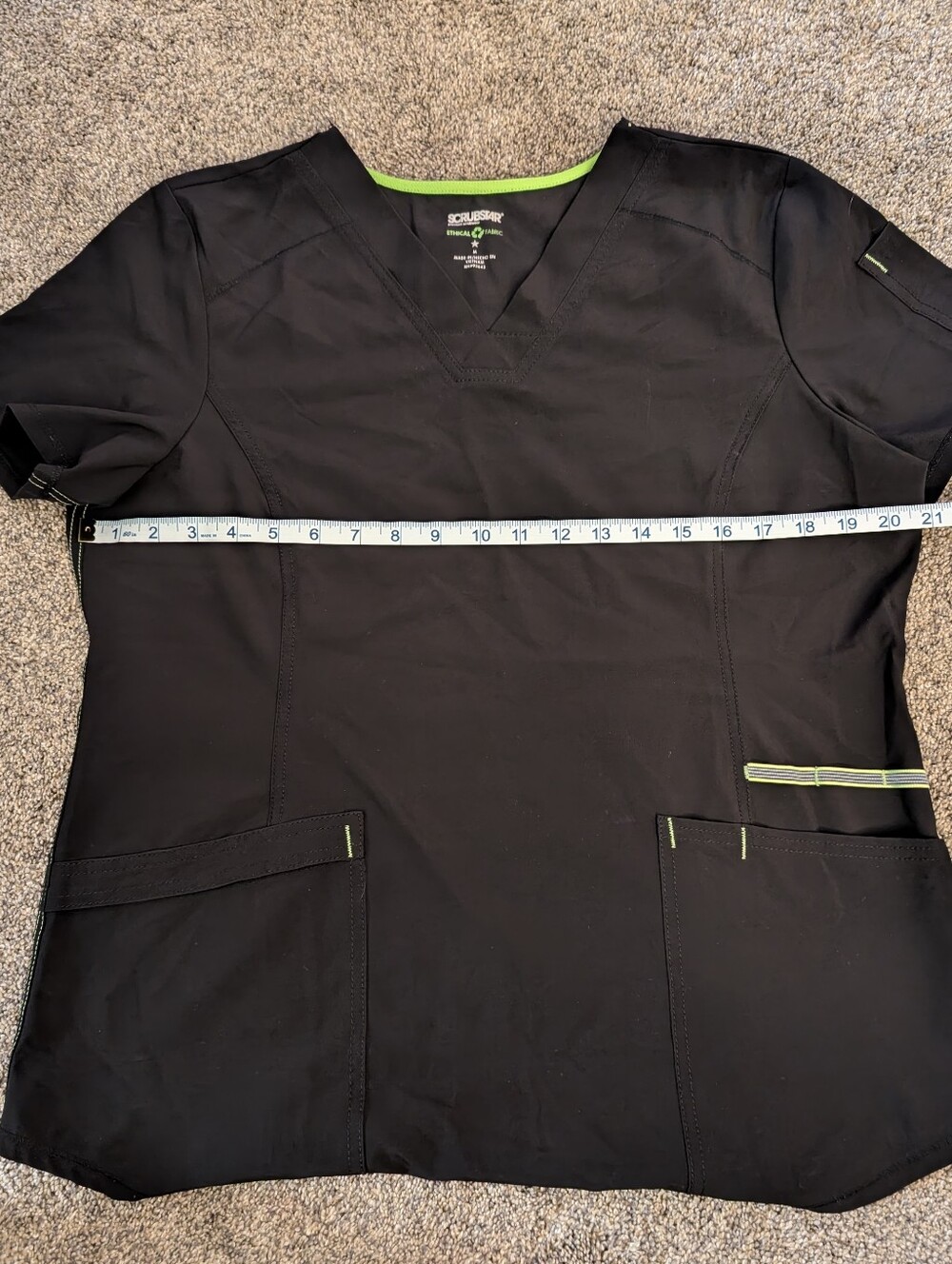 Women's Scrubstar Black V-Neck Scrub Top with Lime Green Trim EUC Size Medium